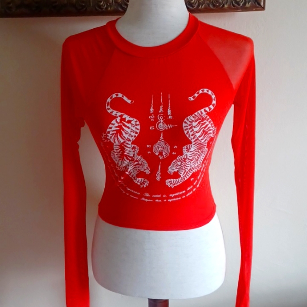 fashion nova orange mesh long sleeve top small
